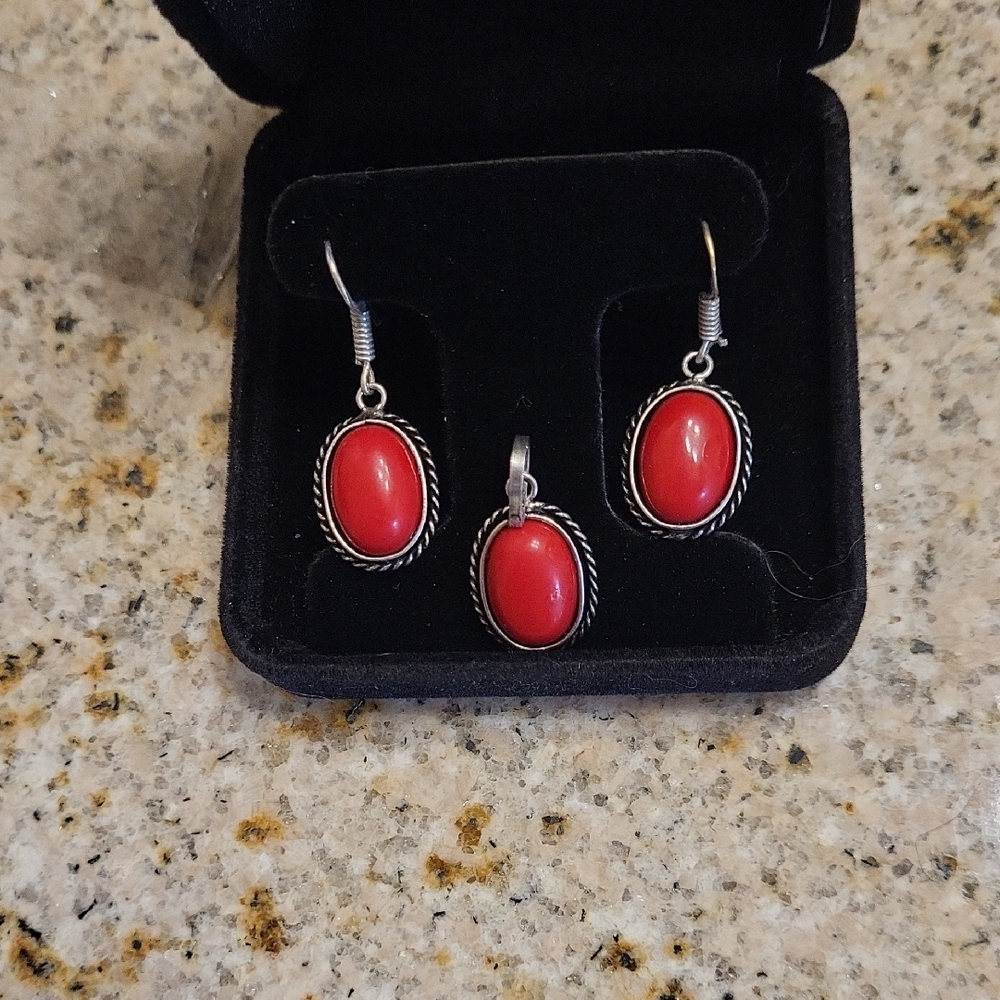 Red Coral Earrings and Pendant Set In Sterling Silver CHRISTMAS SALE